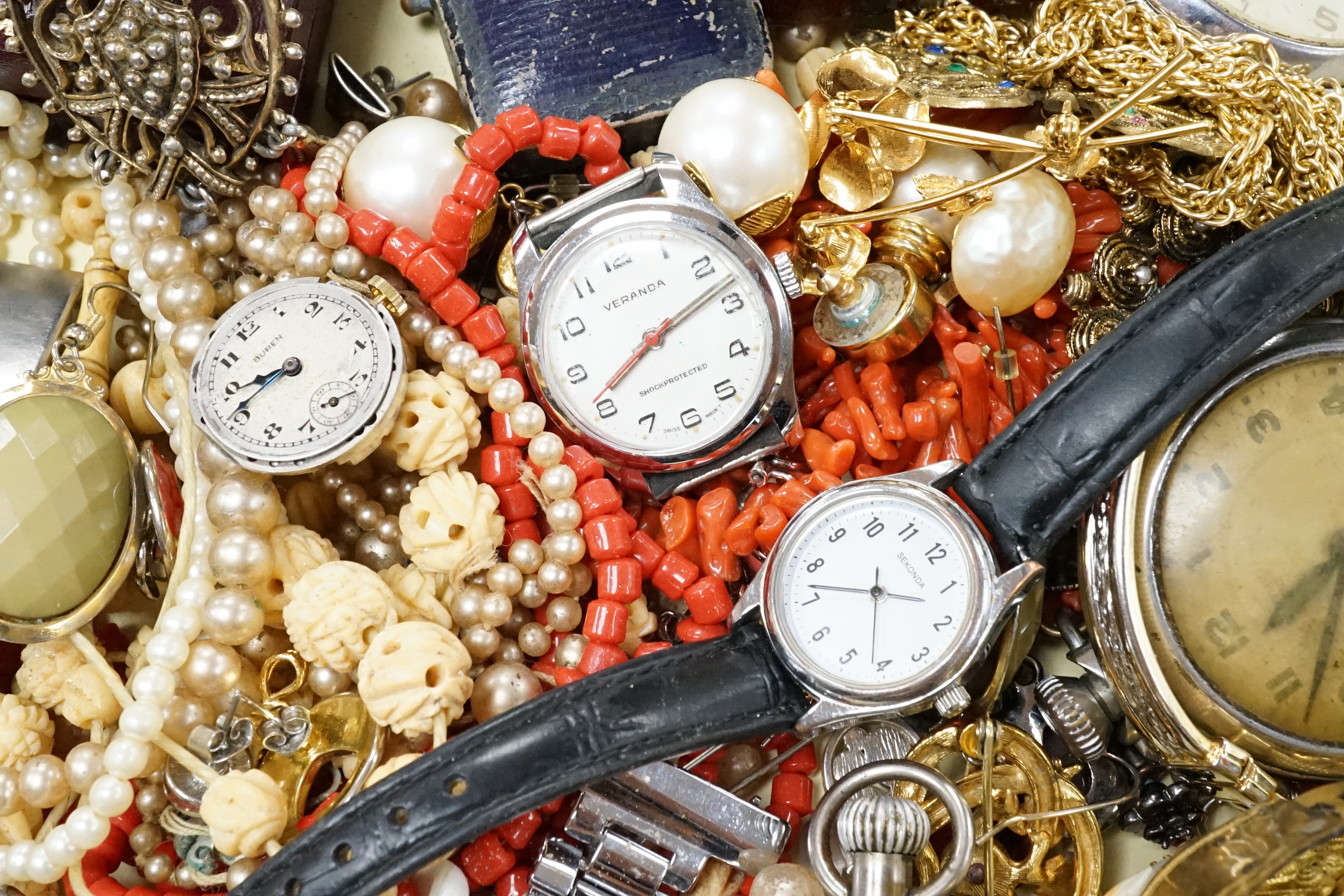 A group of assorted wrist and pocket watches and sundry costume jewellery.